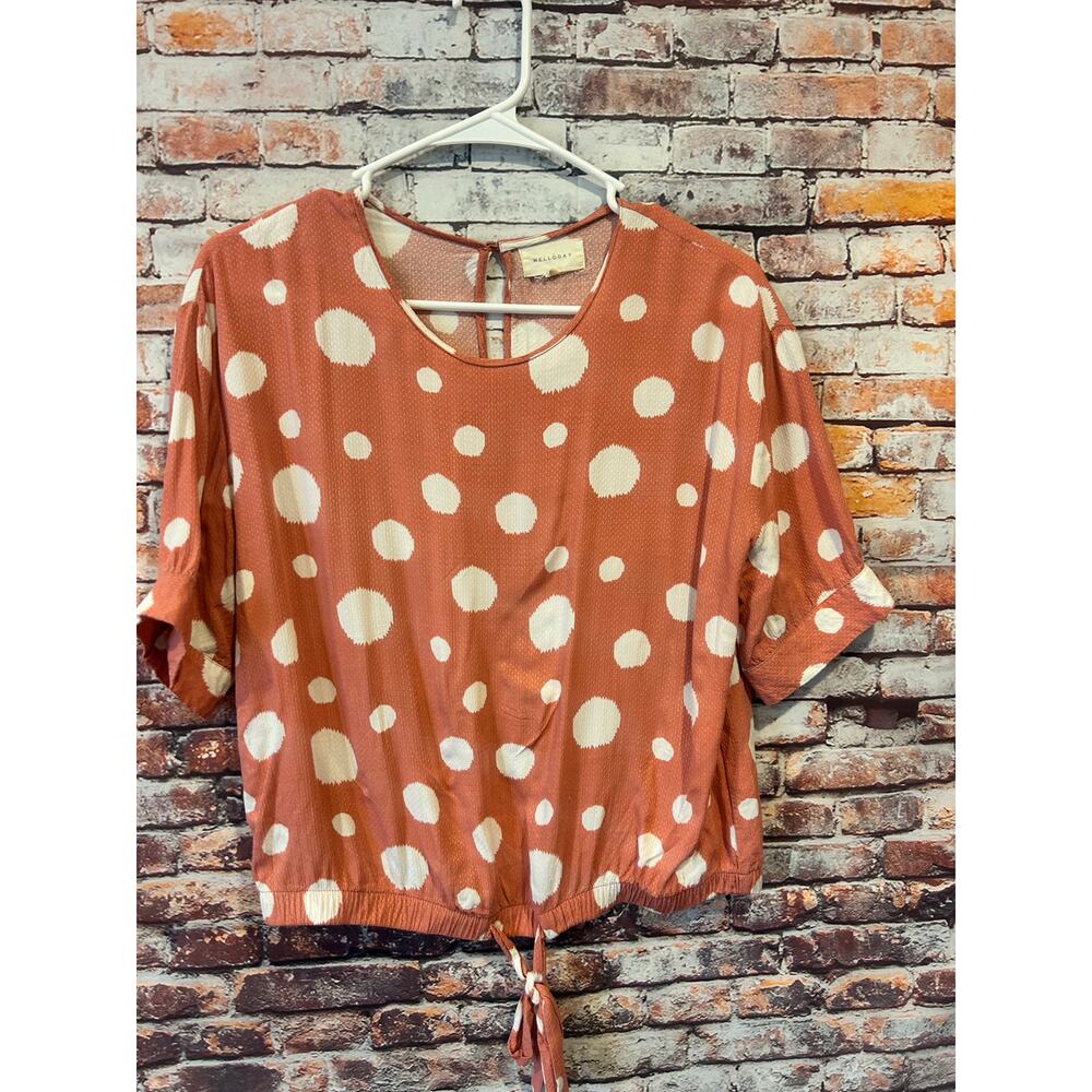 Melloday pink polka dot top blouse elastic front tie cropped women's small